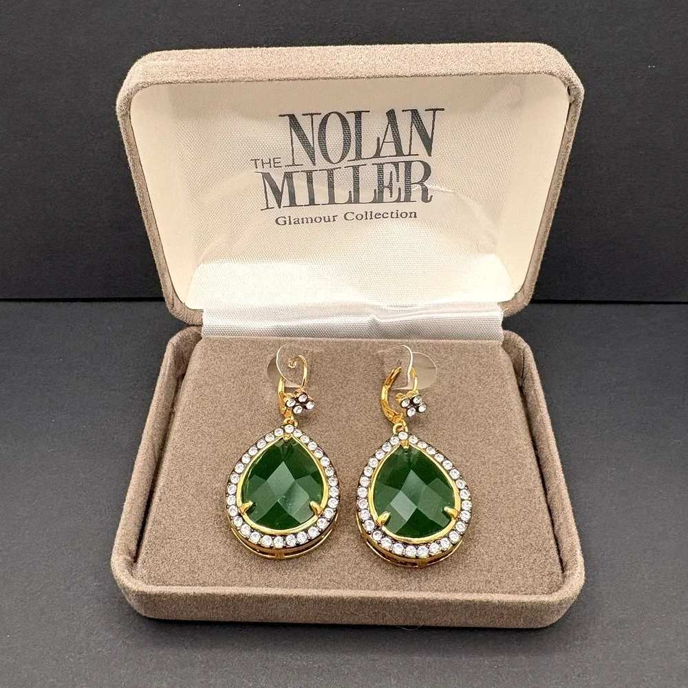Vintage Nolan Miller‎ Glamour Collection Royal Pear Drop Earrings Emerald Green